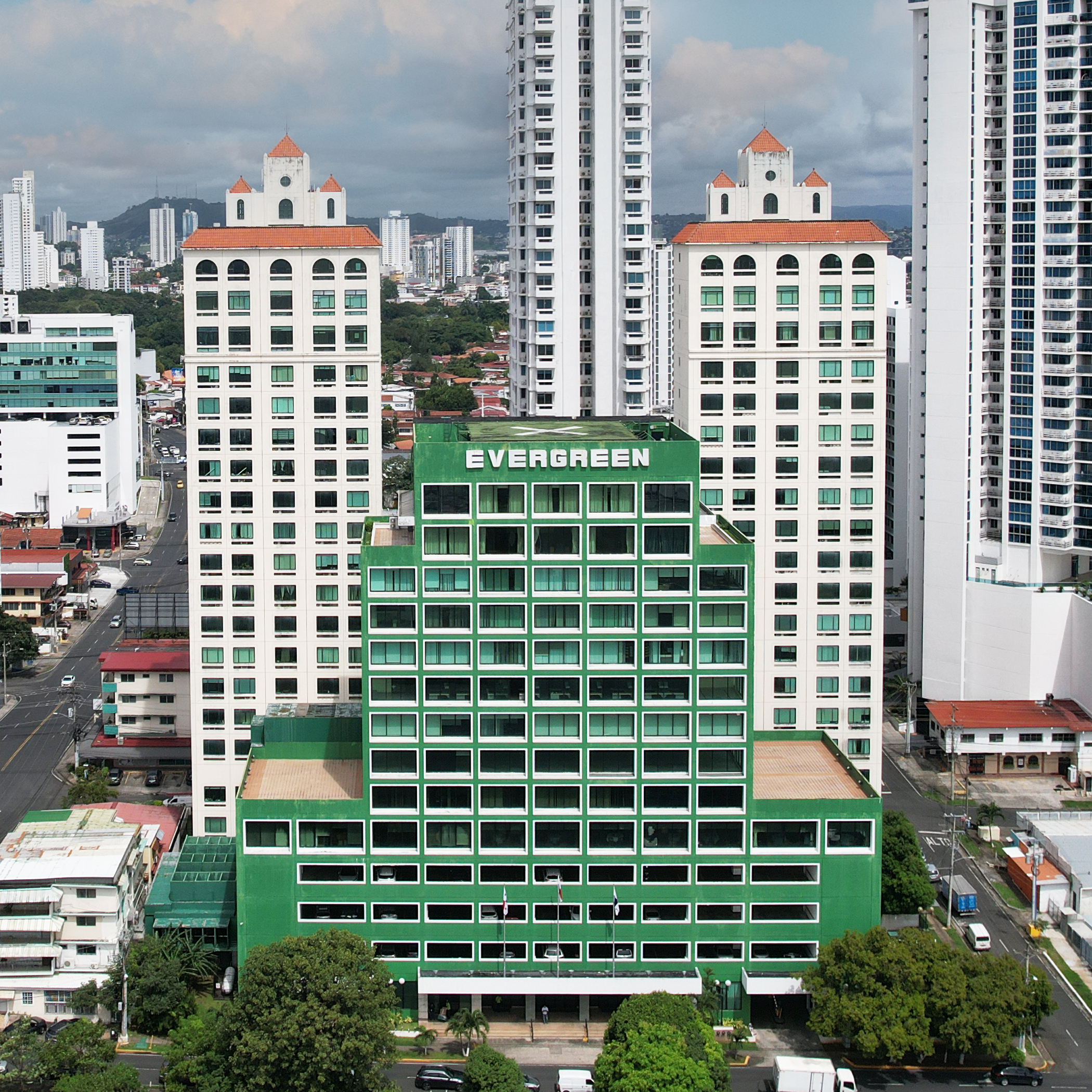 Panama City skyline, green Evergreen building