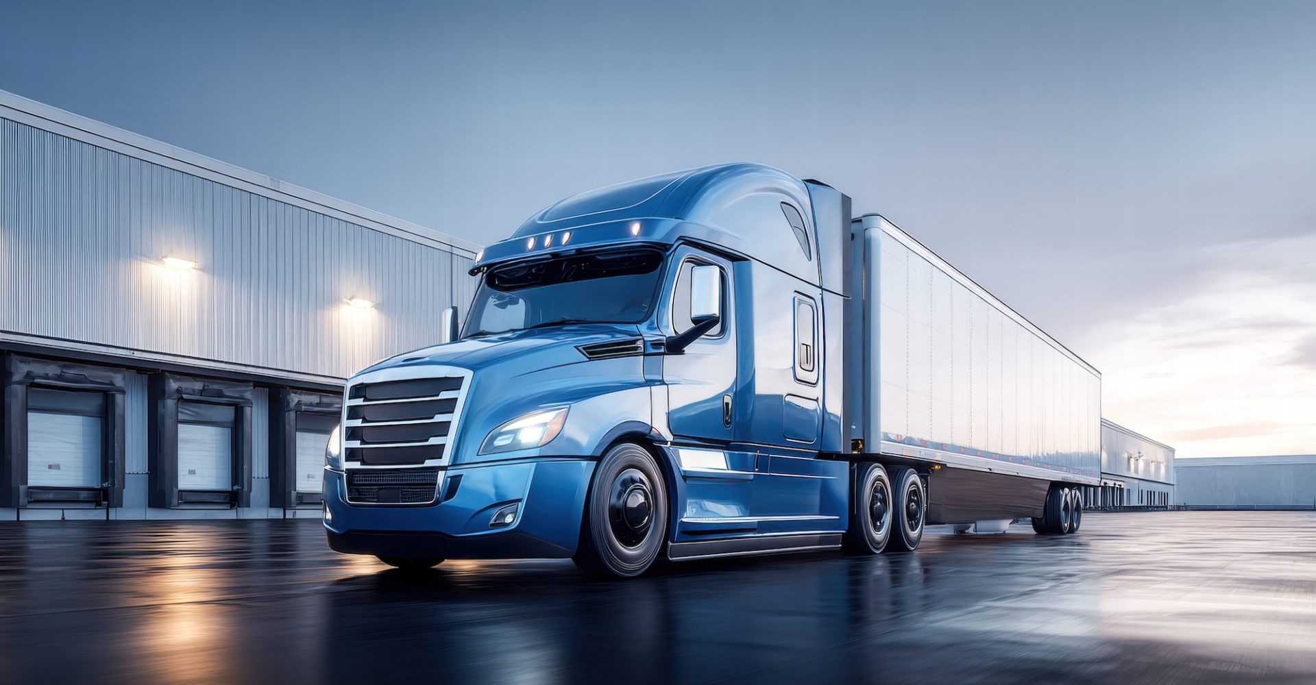 A sleek blue semi-truck with a trailer is parked in front of a warehouse during dusk. The wet ground reflects the truck's lights.